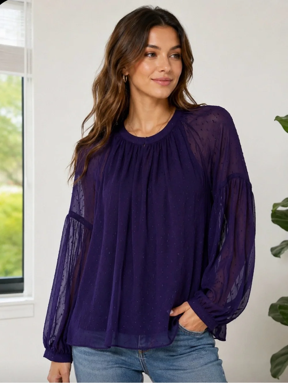 NWT MICHAEL Michael Kors Purple Swiss Dot Sheer Blouse S